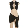 Two Piece Dress ANJAMANOR Sexy Black 2 Piece Set Women Outfit 2023 Summer Clubwear Wrap Skirt and O Ring Cut Out Crop Top Matching Sets D87-BE24 T240507