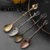 Dinnerware Sets 6pcs Vintage Spoons Fork Mini Metal Real Style Carved Gold Coffee Fruit Prikkers Dessert Kitchen Tool Teaspoon 1 Set