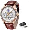 Armbanduhrenschatmen Lige Watch Brand Classic MEN RETRO WATCHEN Automatische mechanische Tourbillon Uhr Echtes Leder wasserdichtes Armbanduhr Box