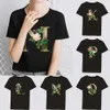 Frauen T-Shirt Gold Blumenbriefdruck Serie Frauen Kleidung Schwarz T-Shirt Casual Tops Casual Round Neck Slim Pass