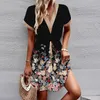 Casual Dresses Women Short Sleeve Floral Printed Dress Deep V Neck Sexig Bandage Elastic Midje snör upp elegant tunika