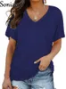 Dames T-shirt 2022 Zomer Solid Color T-shirt Vrouwen Sexy V Hals Korte Sle T-shirt Dames Casual Loose Basic Streetwear Tee Tops D240507