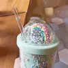 Koppar rätter redskap tecknad söt regnbågskopp med halm dubbel plast bpa gratis kvinnor juice mjölk kaffe 500 ml dryck truml2405