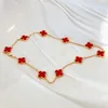 Designer V Gold Van Double Sided Four Leaf Grass Ten Flower Halsband Tjock pläterad 18K Exquisite Red Chalcedony