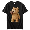 rts Mens printed cute teddy bear beverage poster T-shirt summer short sleeved top pure cotton T-shirt cool T-shirt street clothing J240506