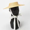 Szeroki brzeg Boater Hat 10cm 15 cm słomka płaska kobiety Summer Derby White Black Rire Tie Sun Beach Cap 240408