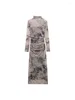 Robes décontractées 2024 Bazaleas Store Tie Dye Print Svening Party Robe Elegant Mesh Long For Women Official Coltweneck Lady