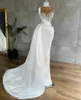 Meerjungfrau Abendkleider luxuriöser Perlen Perlen hoher Hals Illusion Top formelle Prom Partykleider Spitzen Applikationen peplum Ruched Robe de Mariee