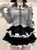 Werkjurken kawaii rok set vrouwen Japanse zoete lolita jurk sets slanke kant off schoudertoppen zwarte fluweel cake mini 2 stuks