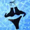 Kvinnors badkläder Bikini Set Sexig Black Cut Out Halter Mujer Underwire Swimsuit Women Wrinkled Bathing Suit Push Up Brazilian