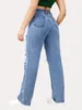 Blue Ripped Baggy Straight Jeans Poches Slash Disted High Taist Fit Denim Pantal