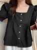 Damenblusen Hemden Zanzea Korean Denim Hemd Hemd Schatz Kurzarm Shirt Vintage Quadratausschnitt geschnitten Top 2024 Sommer Ruffen Bluel2405