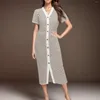 Casual Dresses Summer Striped Printed Long Dress For Women V-Neck Short Sleeve Maxi Female Button Up Slim Fit Bodycon
