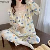 Dames slaapkleding schattig lolita prinses pyjamas vrouwen zoete boog ruches cartoon print pijama's lange mouw huiskleding vrouwelijke kawaii pyjama's