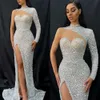 Jurken juweel een schouder prom glanzende zeemeermin illusie illusie lovertjeszijde gesplitst rugloze zipper court jurk op maat gemaakte plus size feestjurk Vestido de noite