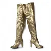 Buty 2024 Kobiety zimowe uda masywne obcasy boczne okrągłe palce u nogi wspaniałe złoto złoty cosplay buty panie rozmiar 5-20