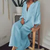 Robes décontractées en lin en coton robe maxi élégante femme v cou mande longue manche lâche robe d'été couleurs de plage de plage de plage