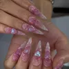 Valse nagels 24 -stks glanzende 3D liefde kristal nep nagels tips gradiënt paarse lang puntige pers op nagel afneembare draagbare kunstmatige valse nagels t240507