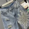 2024 летние джинсовые шорты женщины кисточка для блестки с бусинными шортами с разорванными джинсами с высокой талией брюки для колена самки 240506