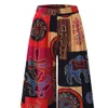 Spodnie damskie Capris retro w kwiatowe drukowane szerokie nogi kobiety spodnie średnie elastyczne kieszenie na pasek kobiety pant etniczny styl kostki swobodne spodni t240507