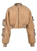 女性用ジャケットファッションラムウールOネックジッパーポケットフルスリーブストレートショートオーバーウェアコート冬2024