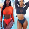 Frauen Badebekleidung Frauen 3pcs Bikini Seting Push-up gepolstert BH Bikini 2024 weibliche Badeanzug Shr Slwimwear Solid Orange Fischnetz Badeanzüge Y240506