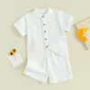 Kledingsets Kids Baby Boys Summer Cotton Linnen vaste mouwknoppen Tops en elastische taille Shorts Set 2pcs Infants H240507