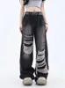 Damen Gothic Black Jeans High Taille Vintage Koreanische Mode Y2K Streetwear Ripped Hosen Harajuku Freigelassene Weitbein -Denim -Hosen 240506