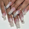 False nagels 24 -stcs Wit Franse valse nagels Lange ballet nep nagel met parel boog bloem ontwerppers op nagels draagbare vierkante nagels set t240507