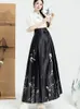 Skirts Luxurious Black Floral Printed Long Women Vintage Chinese Style Modified Hanfu Skirt Elegant Pleated Summer 2024