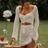 Summer Cutout Beach Sexy Off Shoulder Bikini Outer Cover Up Ladies Crochet Swimsuit Long Sleeve Drawstring Knit Mini Dress