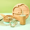 Tassen Geschirr Utensilien Baby Besteck Set Fütterungsschüsselplatte Tasse Löffel Löffel Gabel Bambus und Holzkinder Fütterungsplatte Set BPA -freie Nicht -Slip2405