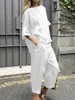Kvinnor bomullslinne kläder mode o-hals Top Long Pant Suit Women Casual Short Sleeve Pocket Solo Loose 2pc Set 2405072