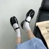 Lolita Shoes Girl Leather Belt Strap Trotter Shoes Ladies Square Split Toe Tabi Ninja Women Flats Mary Janes Buckle Band Loafers 240506