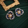 Stud Küpe Vintage Fashion Tripetalous Çiçek Küpe Mavi Rhinestone Kulak Kadın Mücevherleri Gelin Düğün Aksesuarları