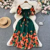 Yuoomuoo Fashion Summer Print Flower Dress Women Women Vintage Square Neck Shrad Cuggine Bandage Bandeding Party Vestidos 240424