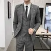 Men's Suits Blazers 2023 Mens jacket+vest+pants Fashion boutique plaid formal business suit ultra-thin striped wedding coat vest Q240507