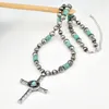 Hanger kettingen trendy turquoise kruis voor vrouwen en mannen prachtige vintage tin ronde kralen gelaagde trui ketting feest sieraden