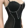 Urban Sexy Dresses Anjamanor Mesh Patchwork Pearl Crystal Mini Dresses for Women Party Birthday Club Outfits Black White Sexy Bodycon Dress D42DC20 T240507