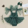 Rompers babymeisjes prinses bodysuits kleden vaste kleur tie knoop knoop suspender tule tutu verjaardagsfeestje meisje bodysuits+hoofdband h240507