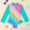 Swimwear Girls Long Sleeve Swimwear One Piece Swimsuits Kids Striped Rainbow Bathing Suit Hawaiian Beach Swim Shirts for Surfing