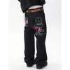 Skull American brodé jean décontracté lâche Broidered Baggy Jeans denim hommes femmes Goth High Wide large pantalon y2k Pantalon 240430