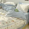 Bettwäsche Sets koreanischer Stil Fashion Bettwäsche Set Kinder Erwachsene Twin Full Queen Size Blue Bett Flachblatt Bettdecke Kissenbezüge Blumenbett Leinen J240507