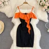 Casual Dresses Korean Fashion Grils Sexig färg Patchwork Off Axel Sling Dress for Women Lotus Leaf Side BodyCon Short Orange Pink
