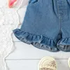 Roupas conjuntos littler meninas de verão moda casual traje mangas tampo de colheita de arco com shorts de jeans de babados diariamente em casa de festa em casa