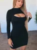 Casual jurken Bangniweigou Winterkist Hollow Out Bodycon mini -jurk voor vrouwen lange mouw dunne fleece kantoorfeestje mantel zwart rood