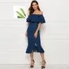 Sukienki imprezowe Kobiety Sexy Off ramion dżinsowe sukienki żeńskie Ruffles biuro dżinsy krótkie rękawy Bodycon Back Zipper Midi