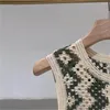 Damen zweisteuelhafte Hosen Frauen häkeln Argyle Hohlanzug ärmellose O-Neck Single Breasted Strickjacke oder gerade lange weibliche Set