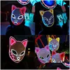 Party Masks Demon Slayer Glowing El Wire Mask Kimetsu No Yaiba Personnages Cosplay Costumes Accessoires Japonais Fox Halloween LED C0813 DHVGB