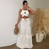Two Piece Dress ANJAMANOR Sexy Two Piece Set Ruched Panelled Maxi Skirt and Flower Top All White Beach Vacation Outfits for Women 2023 D35-FE39 T240507